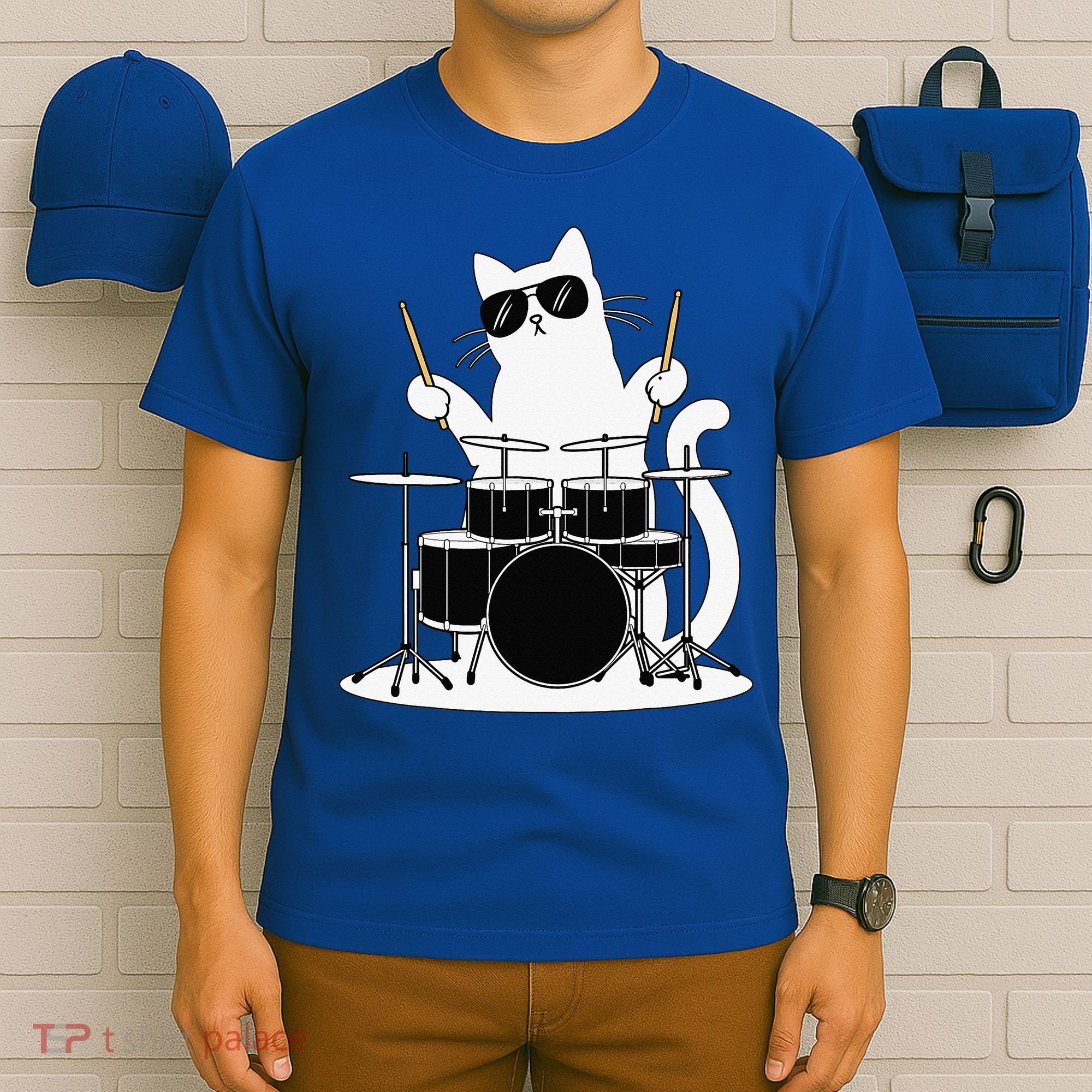 Funny Cat Wearing Sunglasses Playing Drums T-Shirt