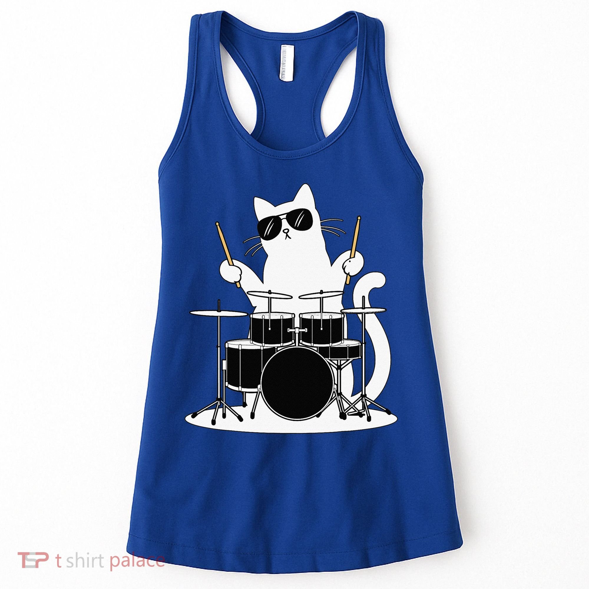 Funny Cat Wearing Sunglasses Playing Drums Women's Tank Top
