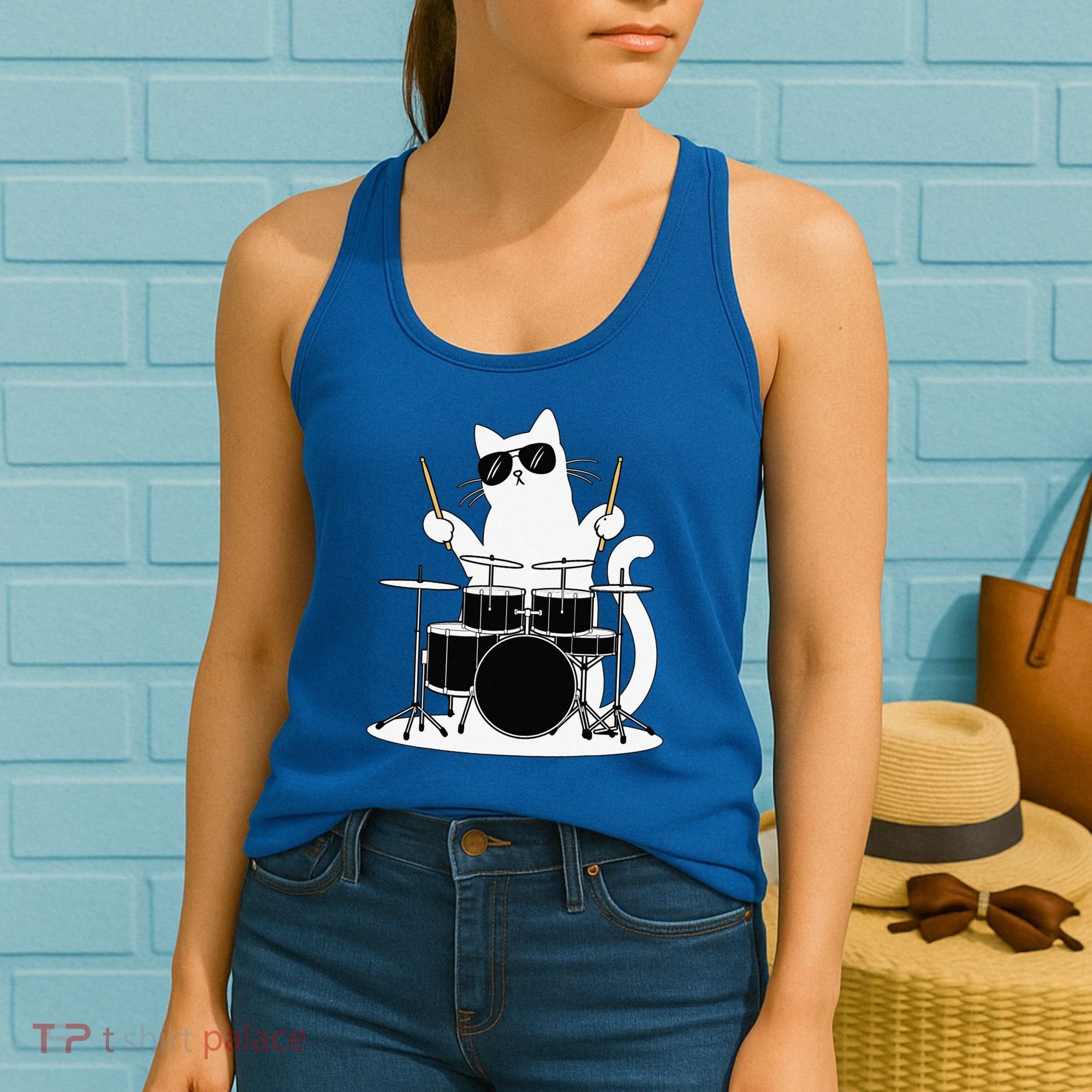 Funny Cat Wearing Sunglasses Playing Drums Women's Tank Top