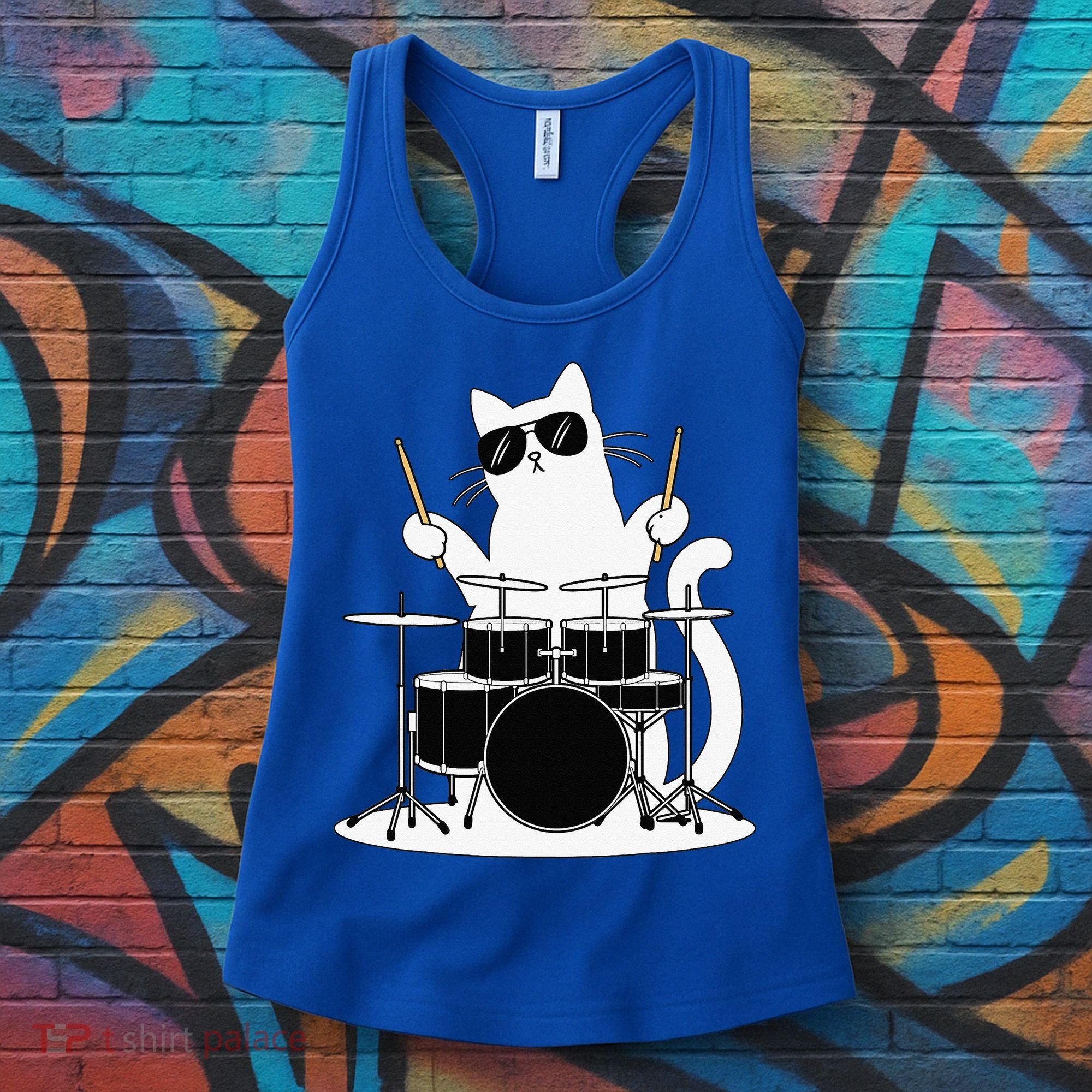 Funny Cat Wearing Sunglasses Playing Drums Women's Tank Top