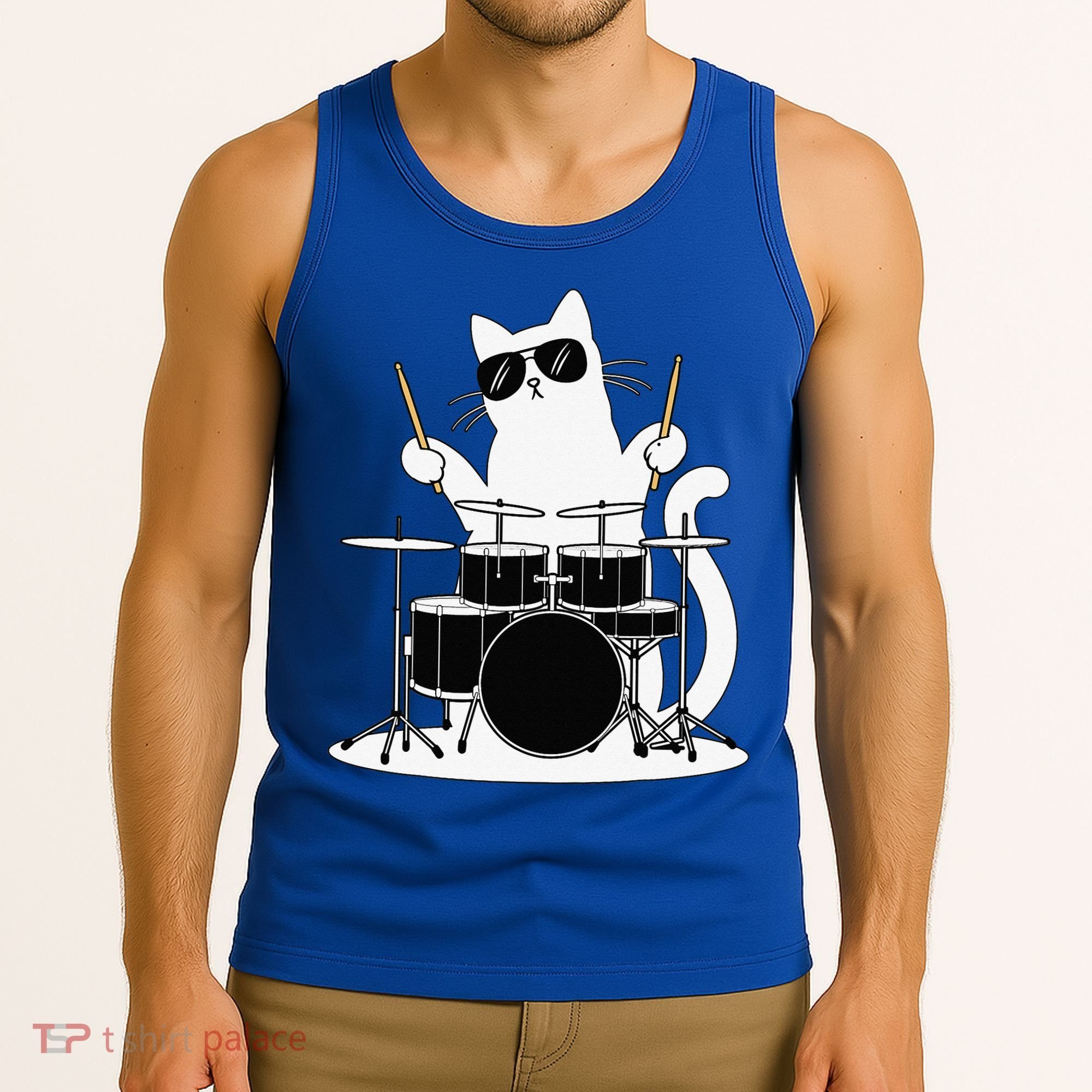 Funny Cat Wearing Sunglasses Playing Drums Tank Top