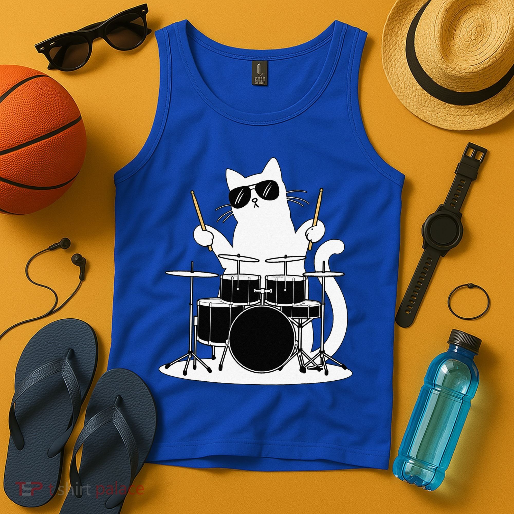 Funny Cat Wearing Sunglasses Playing Drums Tank Top