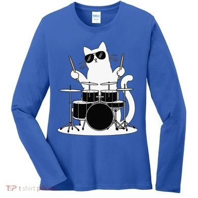 Funny Cat Wearing Sunglasses Playing Drums Women's Long Sleeve Shirt