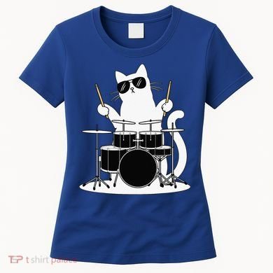 Funny Cat Wearing Sunglasses Playing Drums Women's T-Shirt