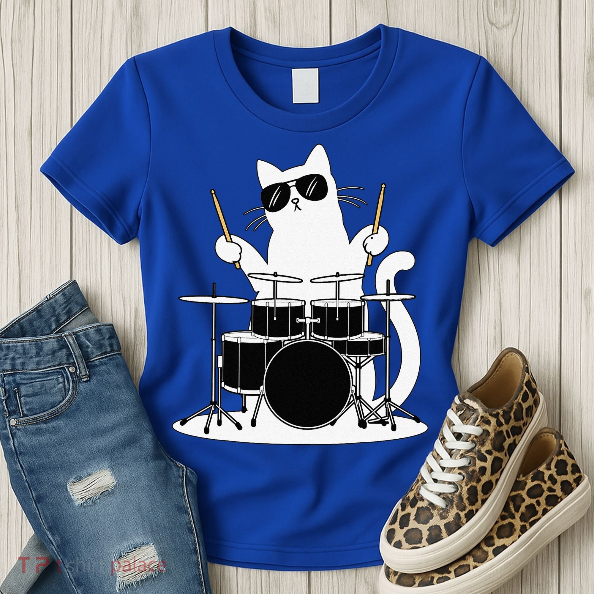 Funny Cat Wearing Sunglasses Playing Drums Women's T-Shirt
