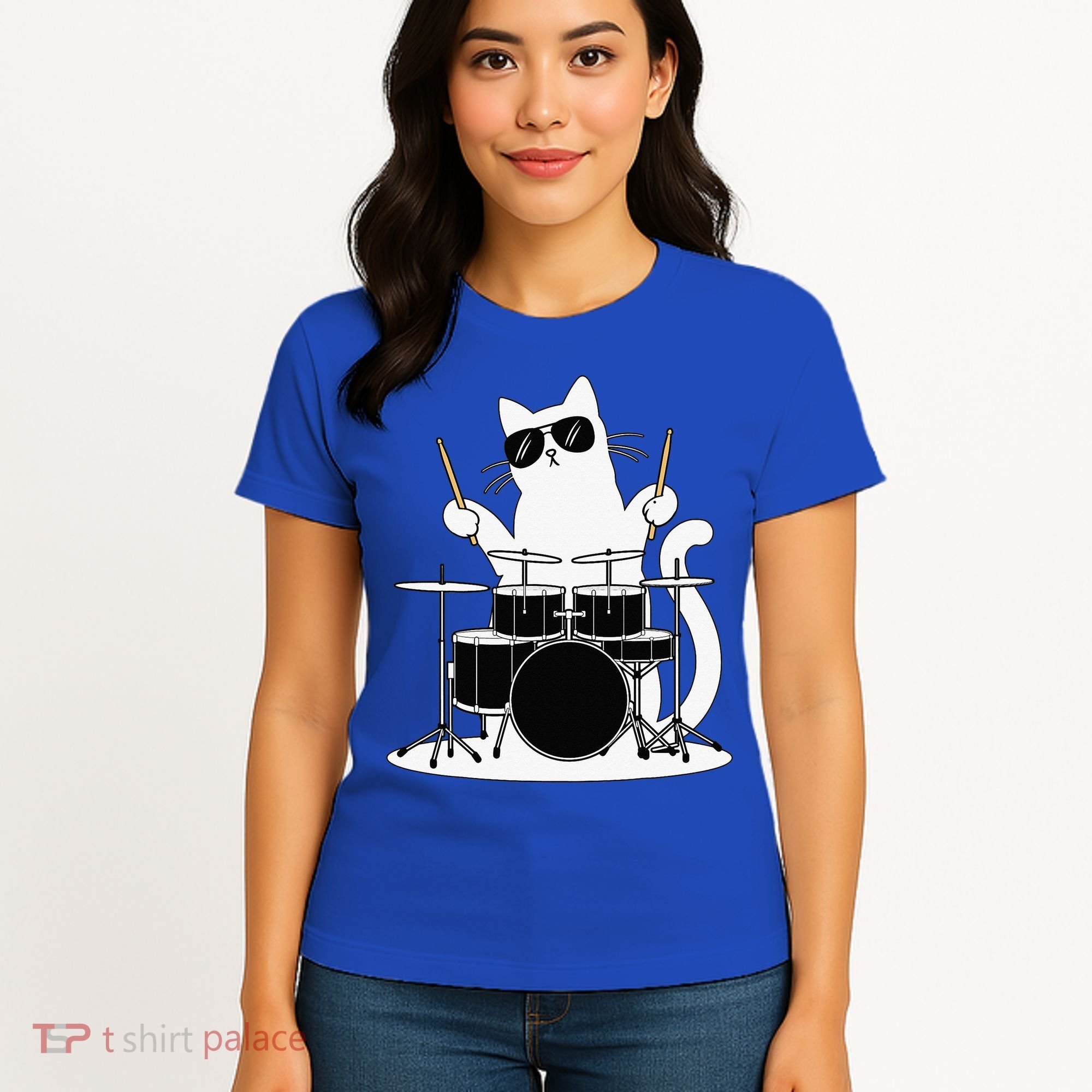 Funny Cat Wearing Sunglasses Playing Drums Women's T-Shirt