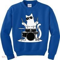Funny Cat Wearing Sunglasses Playing Drums Kids Sweatshirt thumb 0