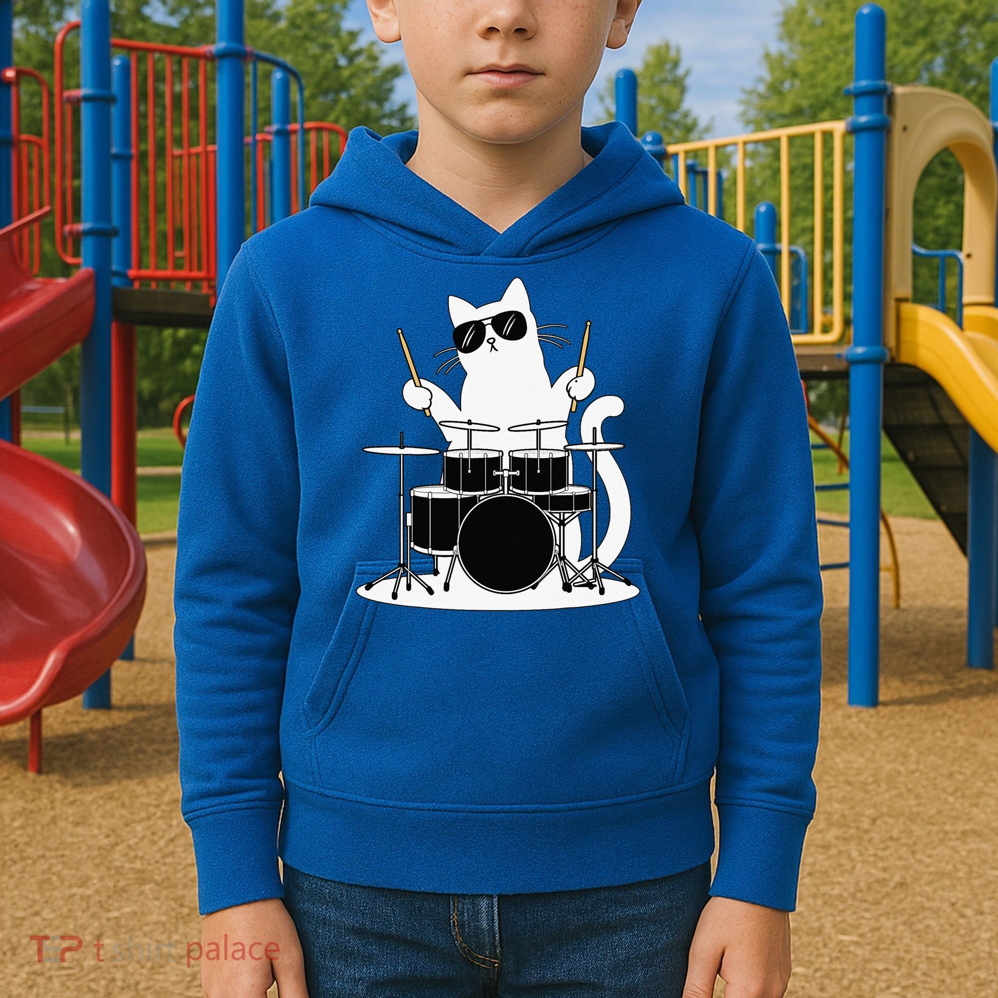 Funny Cat Wearing Sunglasses Playing Drums Kids Hoodie