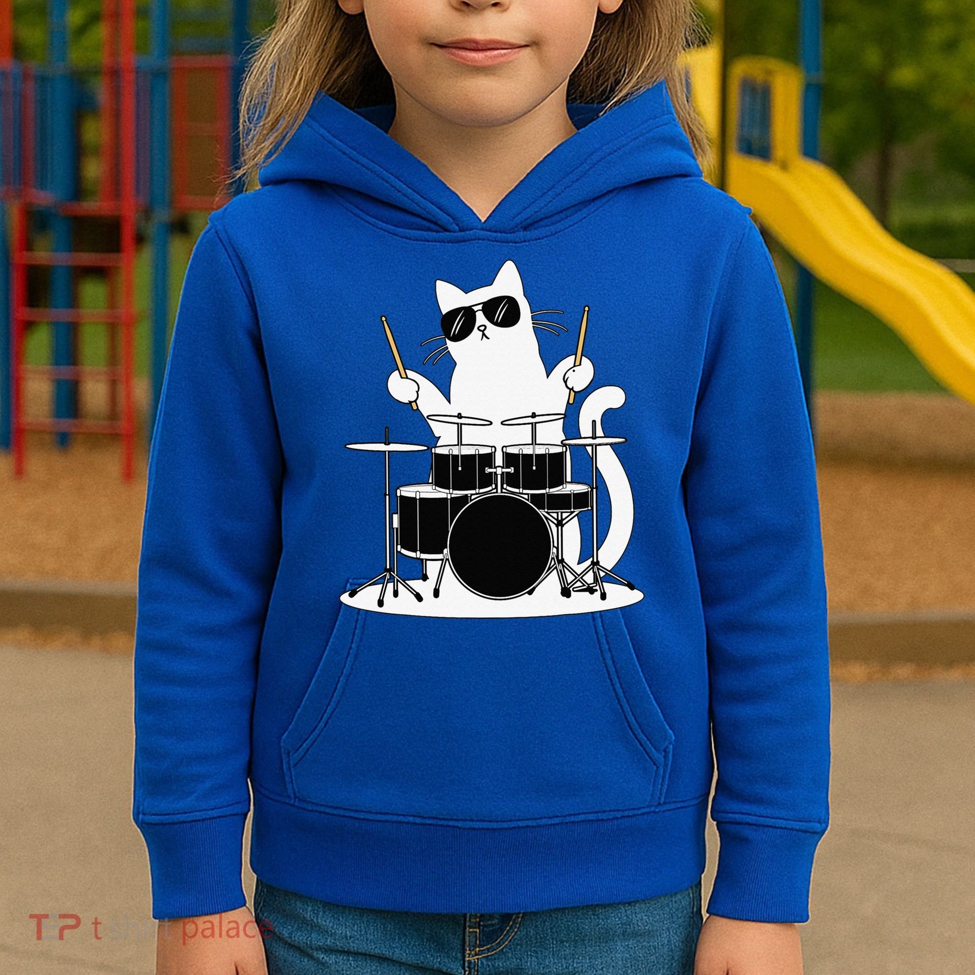 Funny Cat Wearing Sunglasses Playing Drums Kids Hoodie