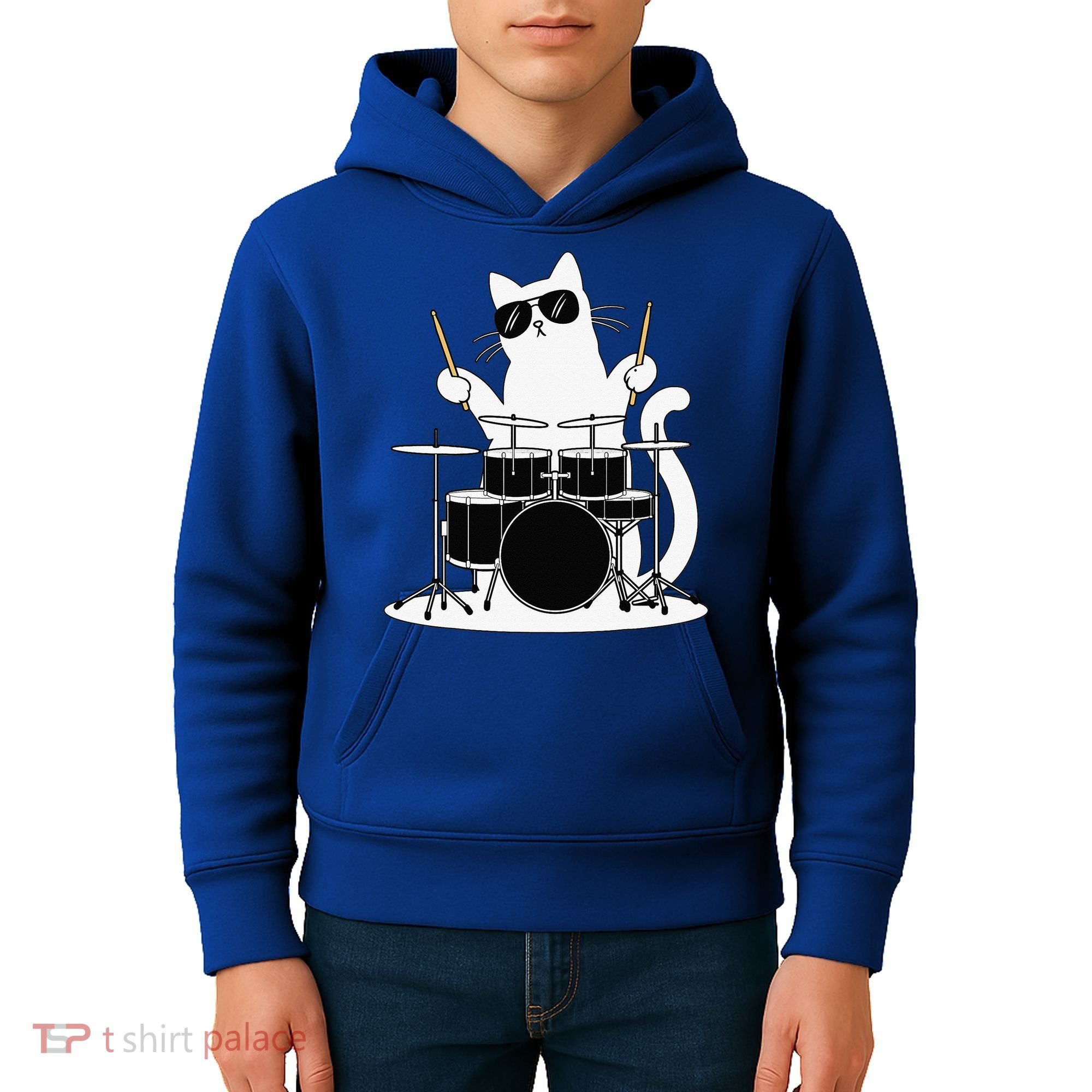 Funny Cat Wearing Sunglasses Playing Drums Kids Hoodie