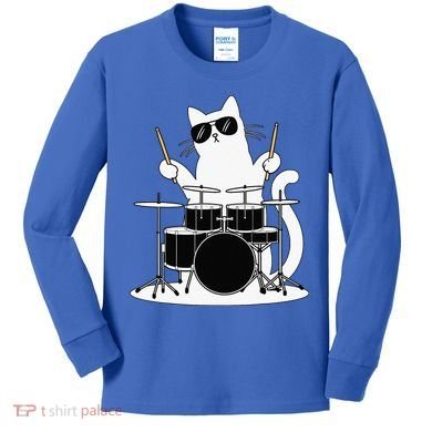 Funny Cat Wearing Sunglasses Playing Drums Kids Long Sleeve Shirt