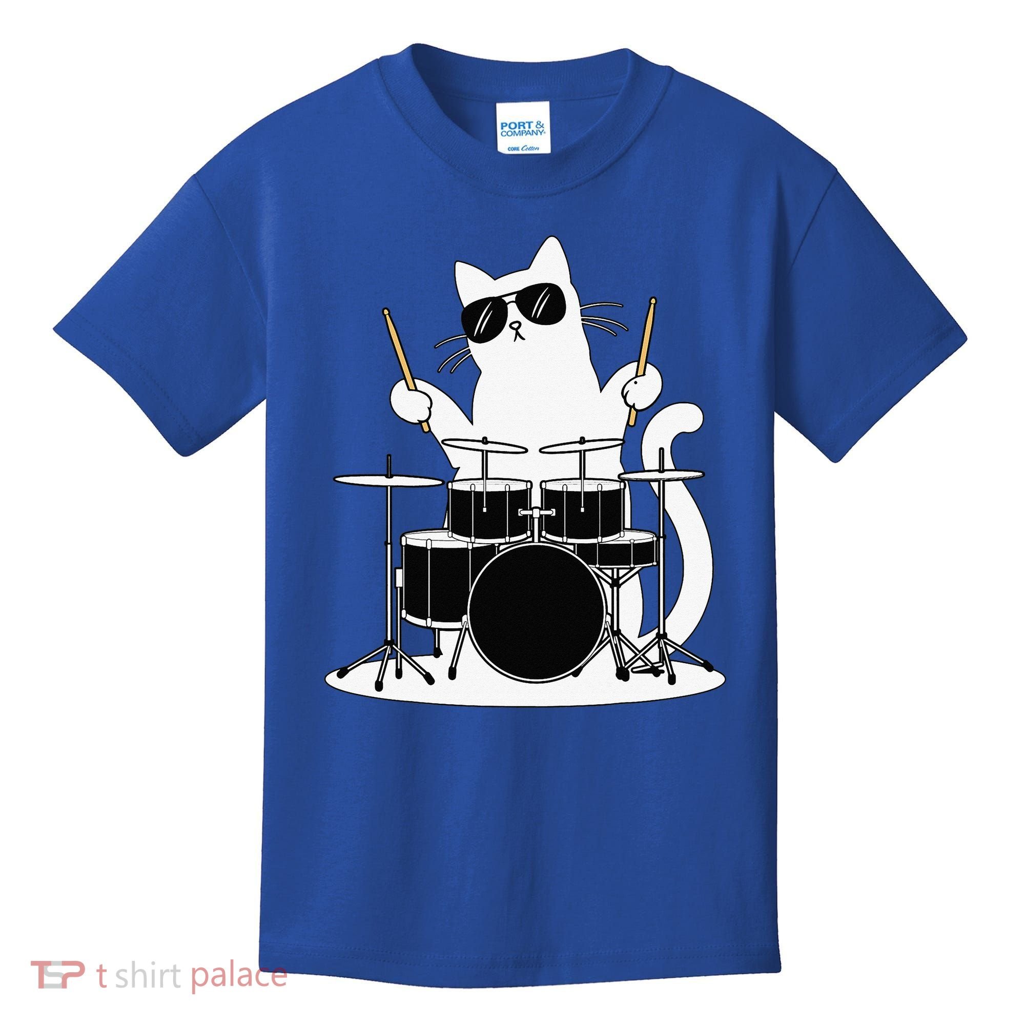 Funny Cat Wearing Sunglasses Playing Drums Kids T-Shirt