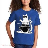 Funny Cat Wearing Sunglasses Playing Drums Kids T-Shirt thumb 2