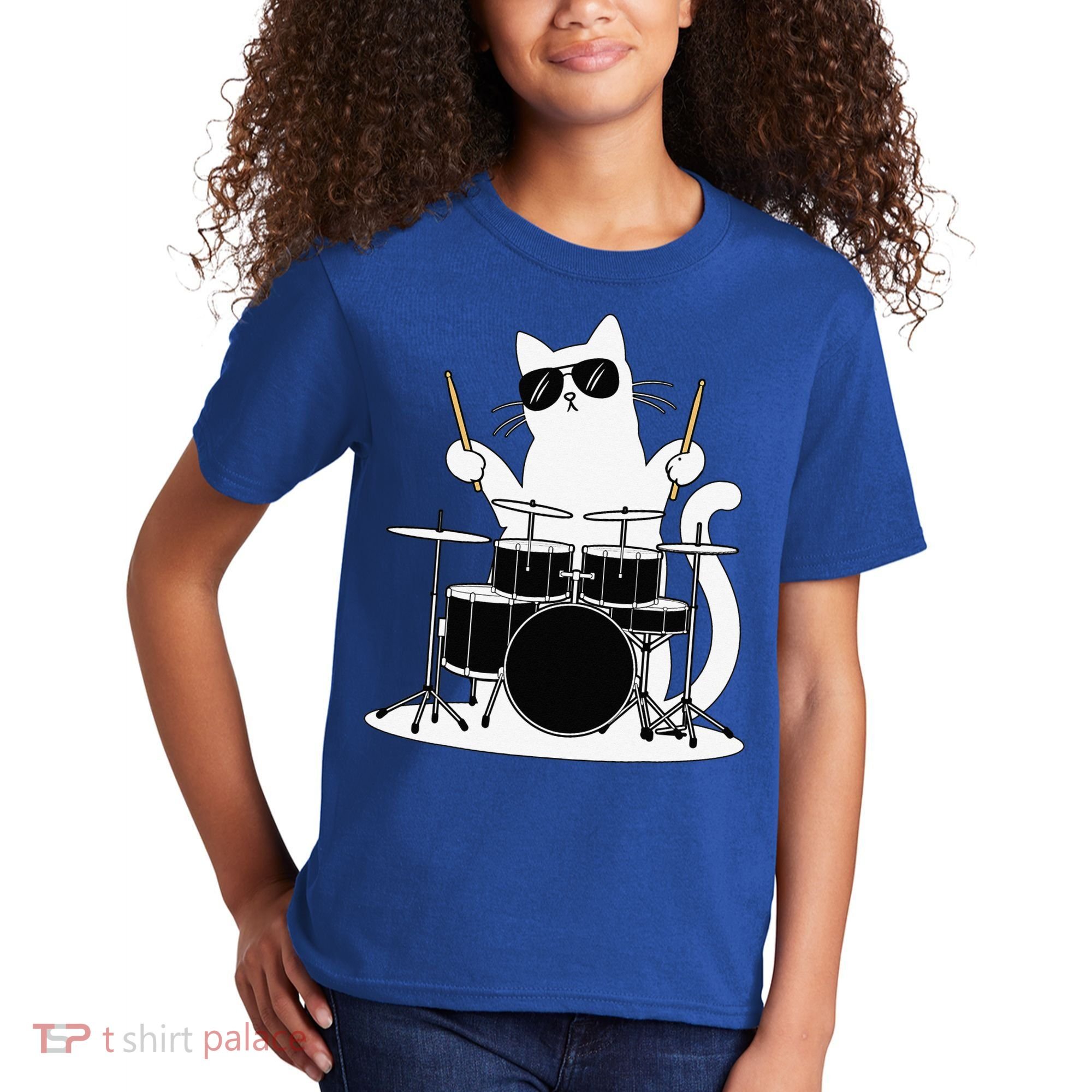 Funny Cat Wearing Sunglasses Playing Drums Kids T-Shirt