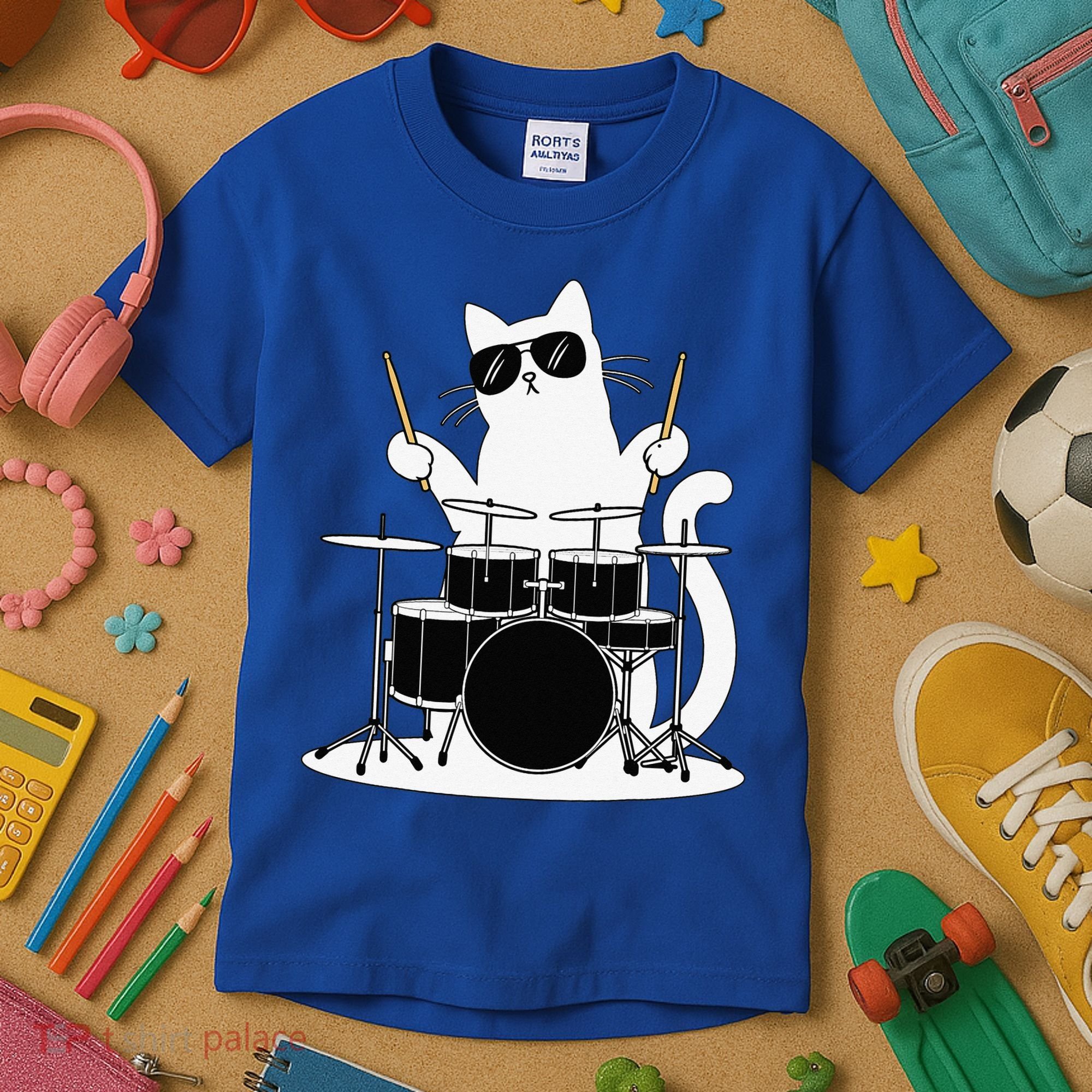 Funny Cat Wearing Sunglasses Playing Drums Kids T-Shirt