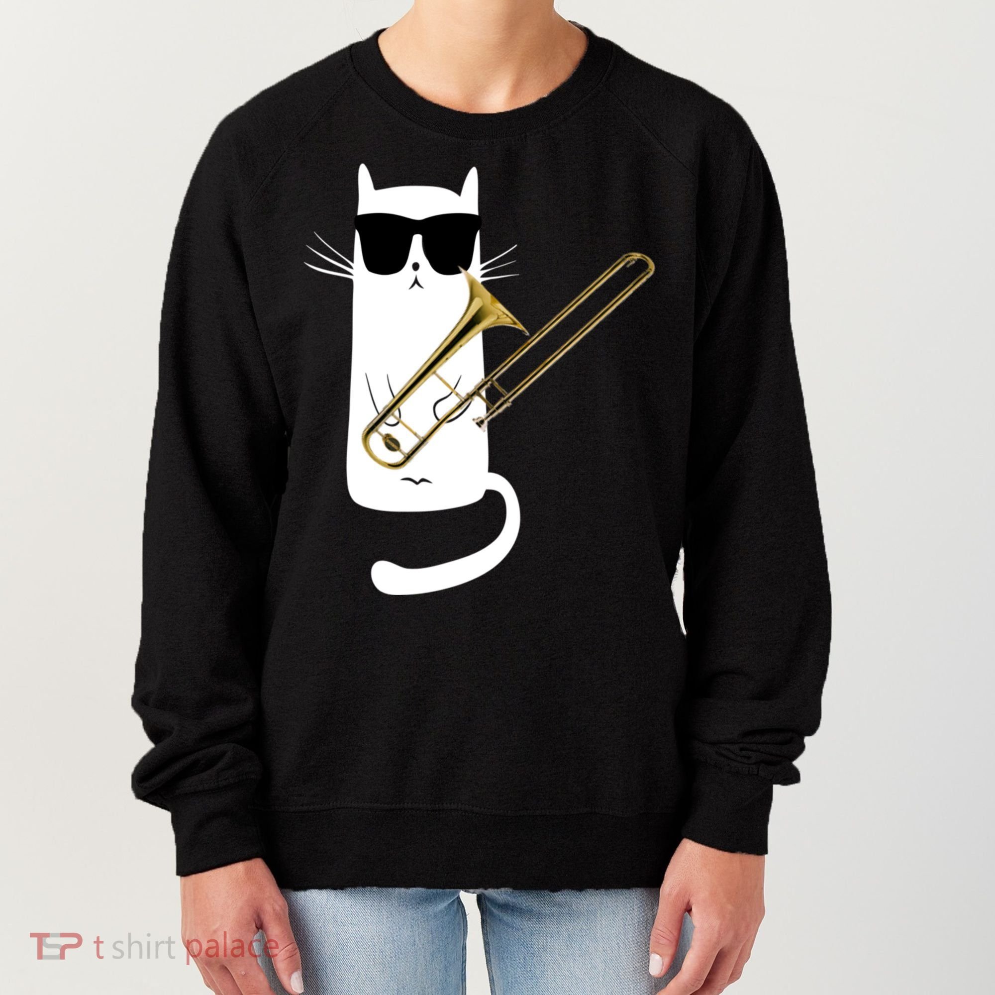 Funny Cat Wearing Sunglasses Playing Trombone Women's Sweatshirt