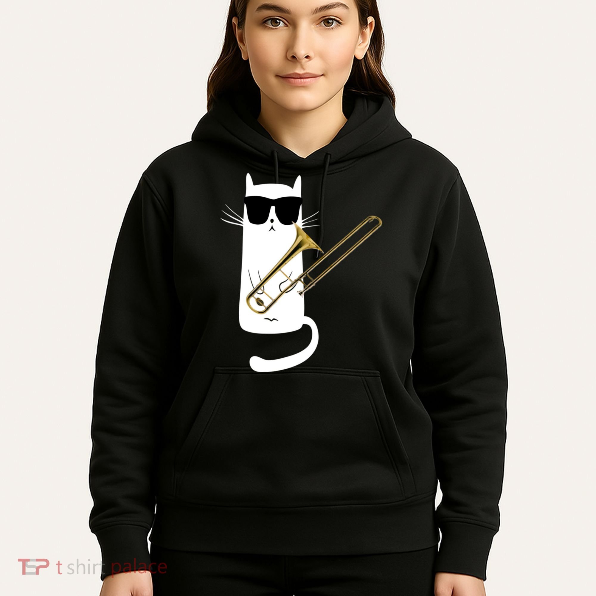 Funny Cat Wearing Sunglasses Playing Trombone Hoodie