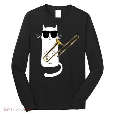 Funny Cat Wearing Sunglasses Playing Trombone Long Sleeve Shirt