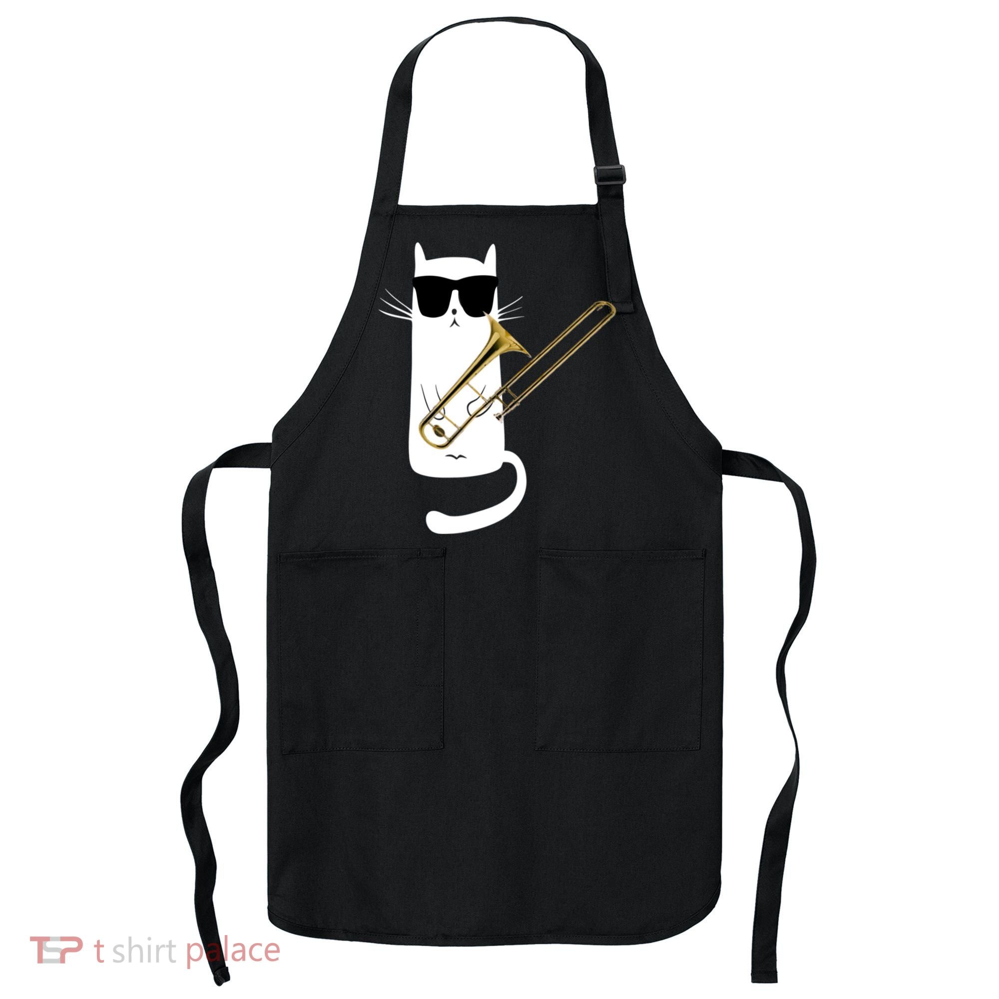 Funny Cat Wearing Sunglasses Playing Trombone Apron