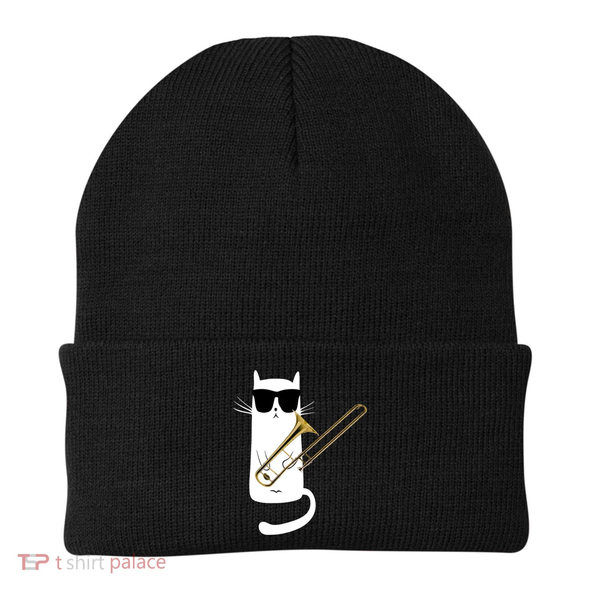 Funny Cat Wearing Sunglasses Playing Trombone Beanie