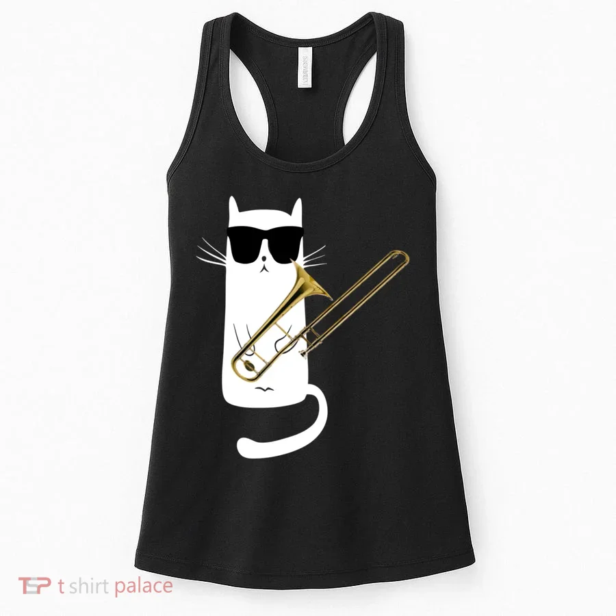 Funny Cat Wearing Sunglasses Playing Trombone Women's Tank Top