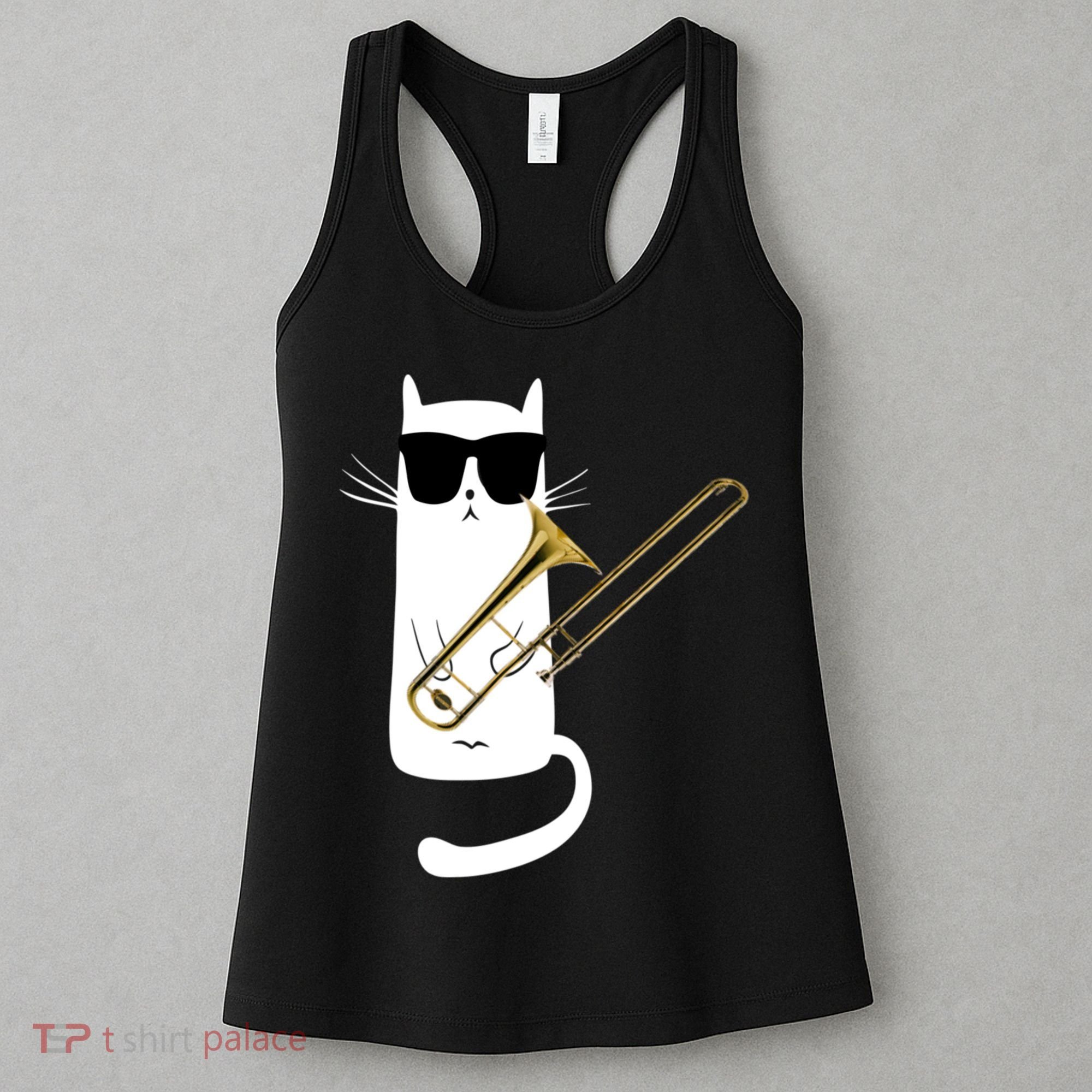 Funny Cat Wearing Sunglasses Playing Trombone Women's Tank Top