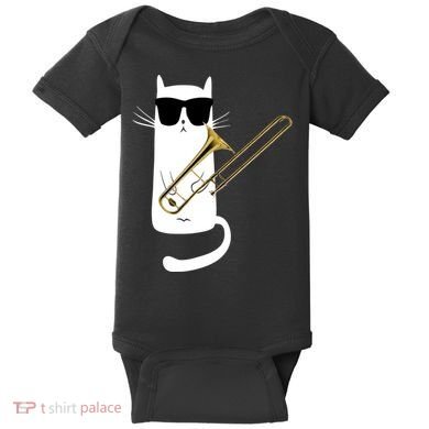 Funny Cat Wearing Sunglasses Playing Trombone Baby Bodysuit
