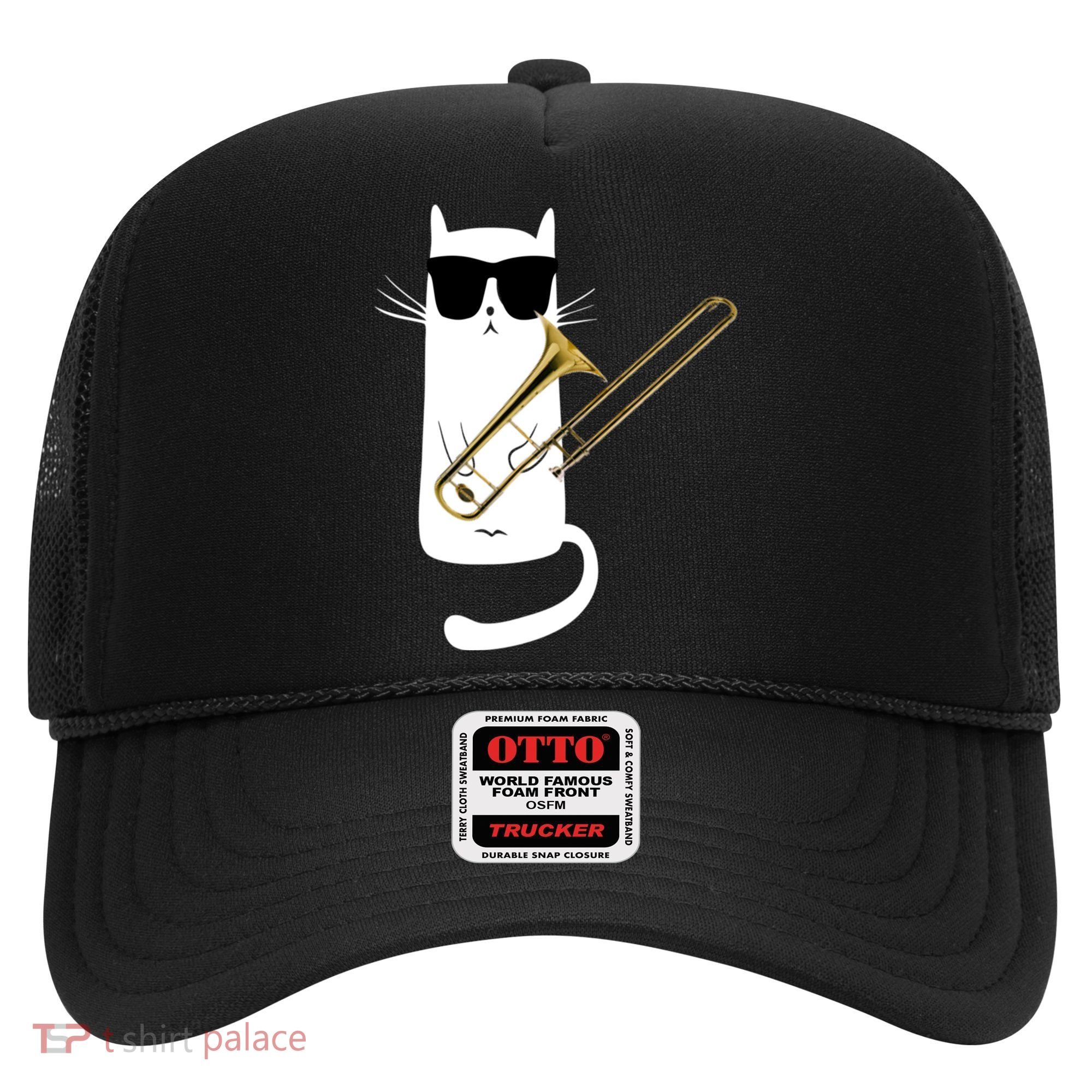 Funny Cat Wearing Sunglasses Playing Trombone Hat