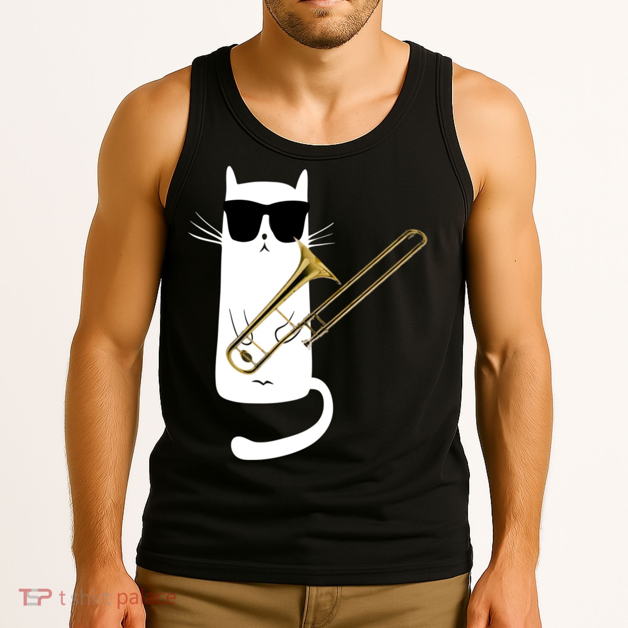 Funny Cat Wearing Sunglasses Playing Trombone Tank Top