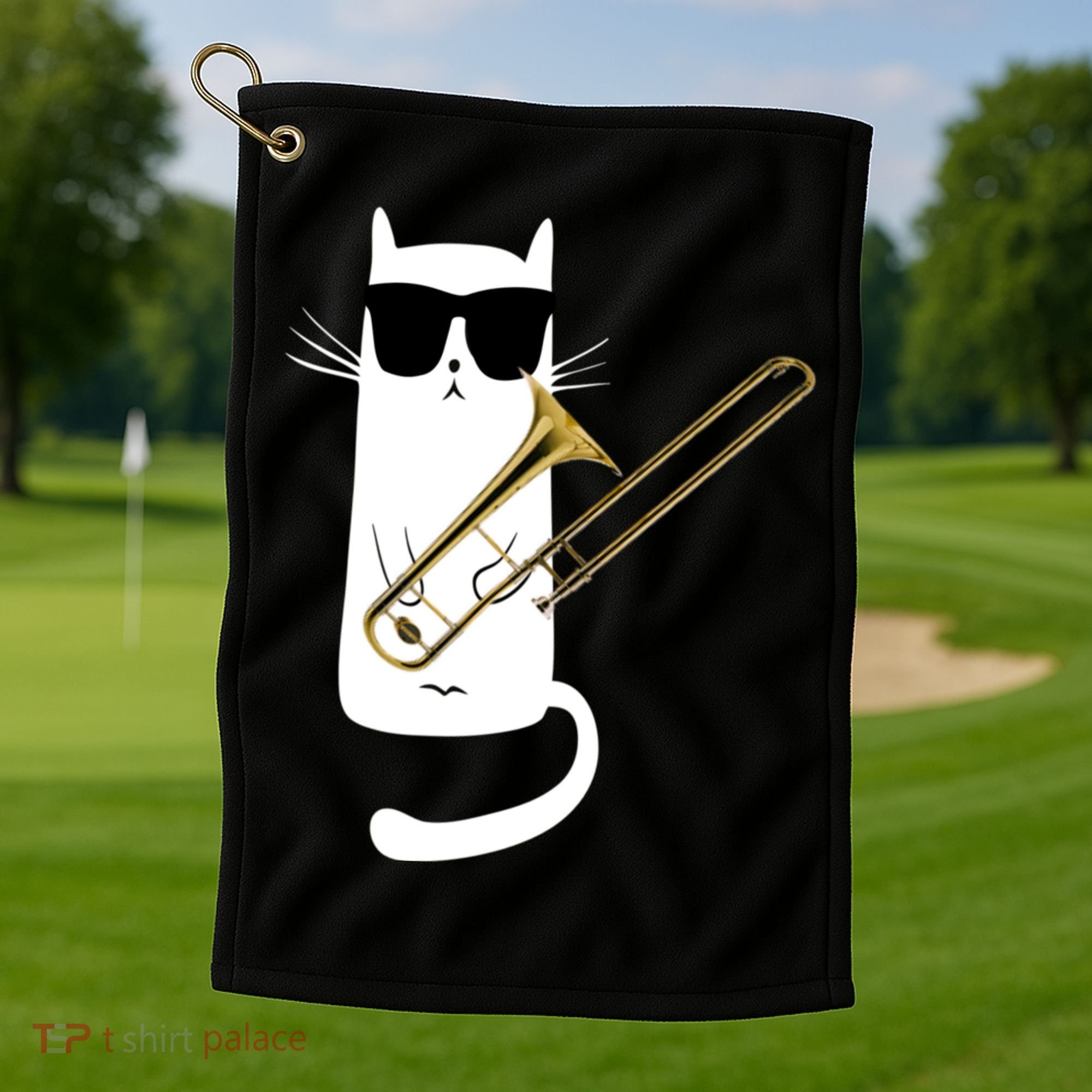 Funny Cat Wearing Sunglasses Playing Trombone Golf Towel
