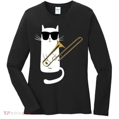 Funny Cat Wearing Sunglasses Playing Trombone Women's Long Sleeve Shirt