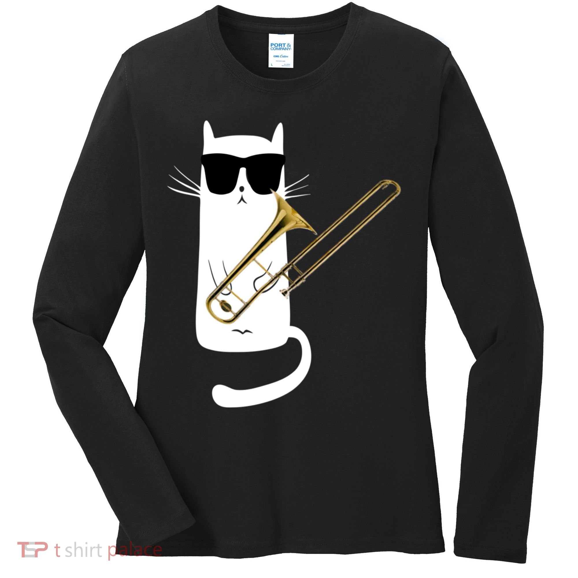 Funny Cat Wearing Sunglasses Playing Trombone Women's Long Sleeve Shirt