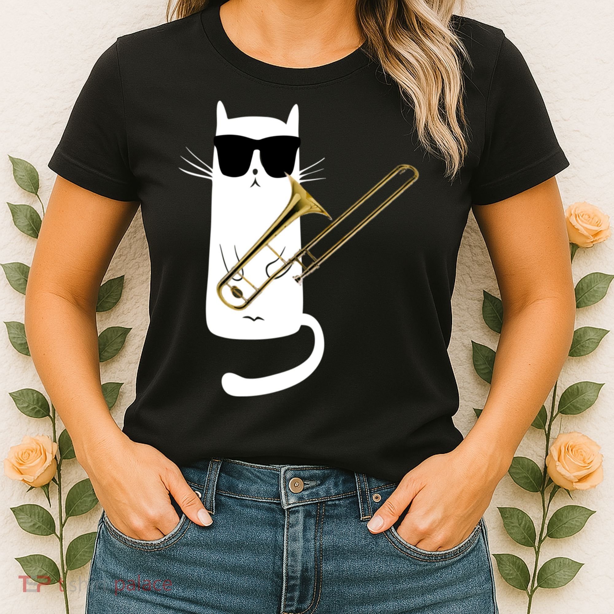 Funny Cat Wearing Sunglasses Playing Trombone Women's T-Shirt