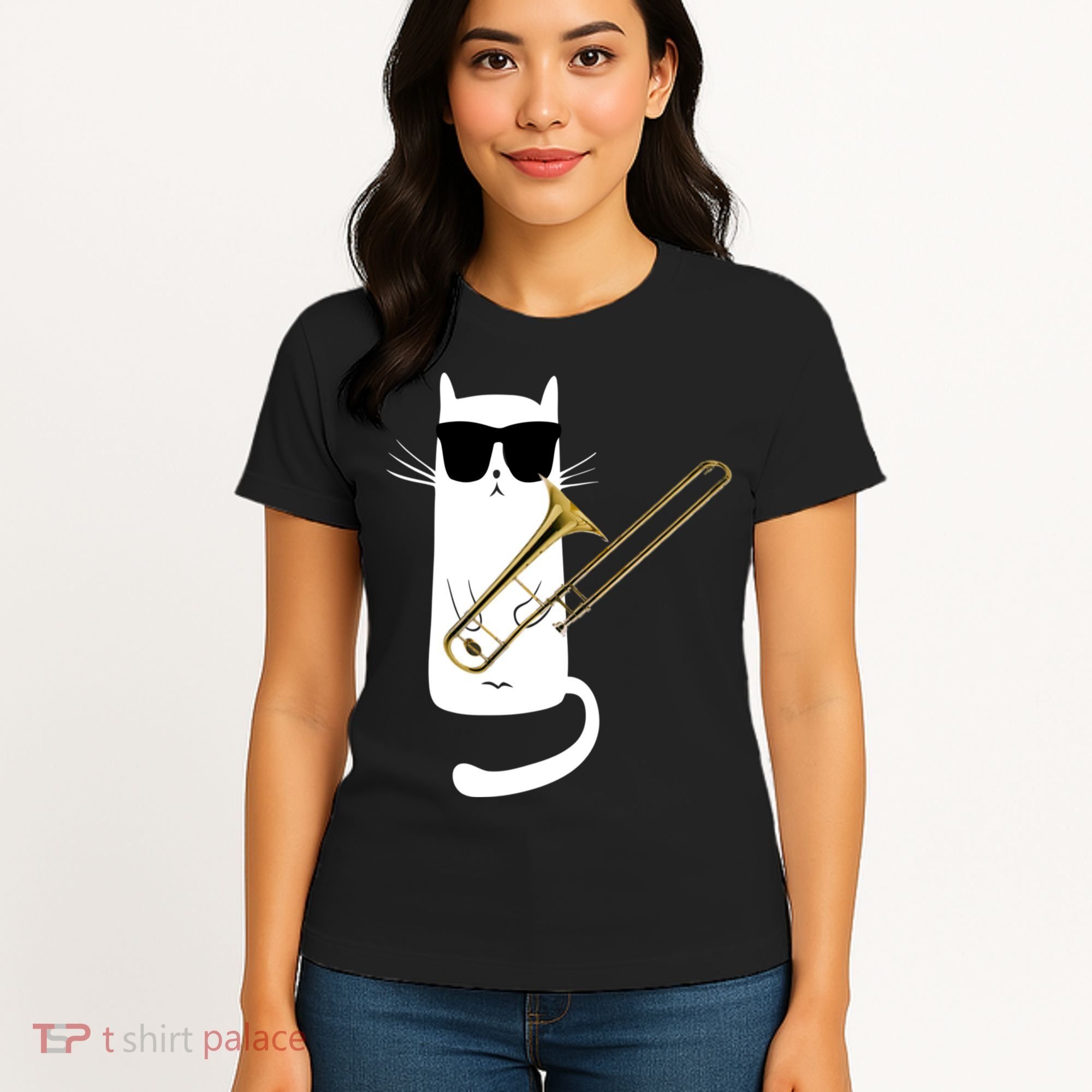 Funny Cat Wearing Sunglasses Playing Trombone Women's T-Shirt