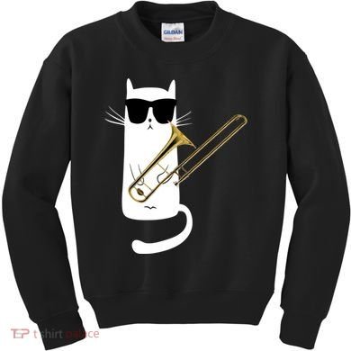 Funny Cat Wearing Sunglasses Playing Trombone Kids Sweatshirt