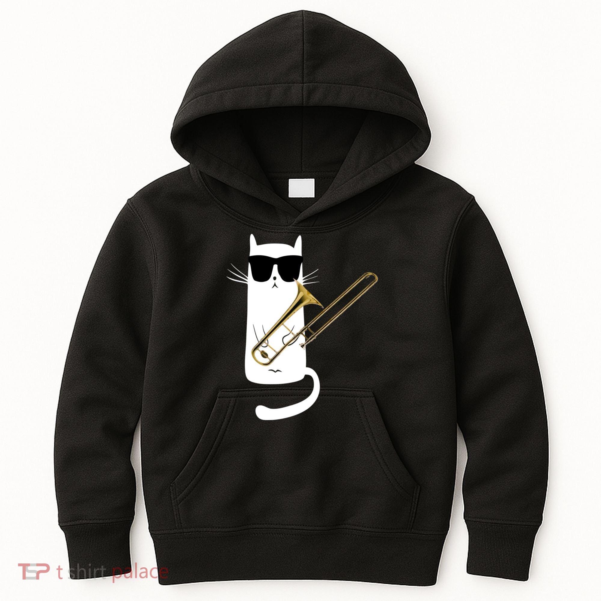 Funny Cat Wearing Sunglasses Playing Trombone Kids Hoodie