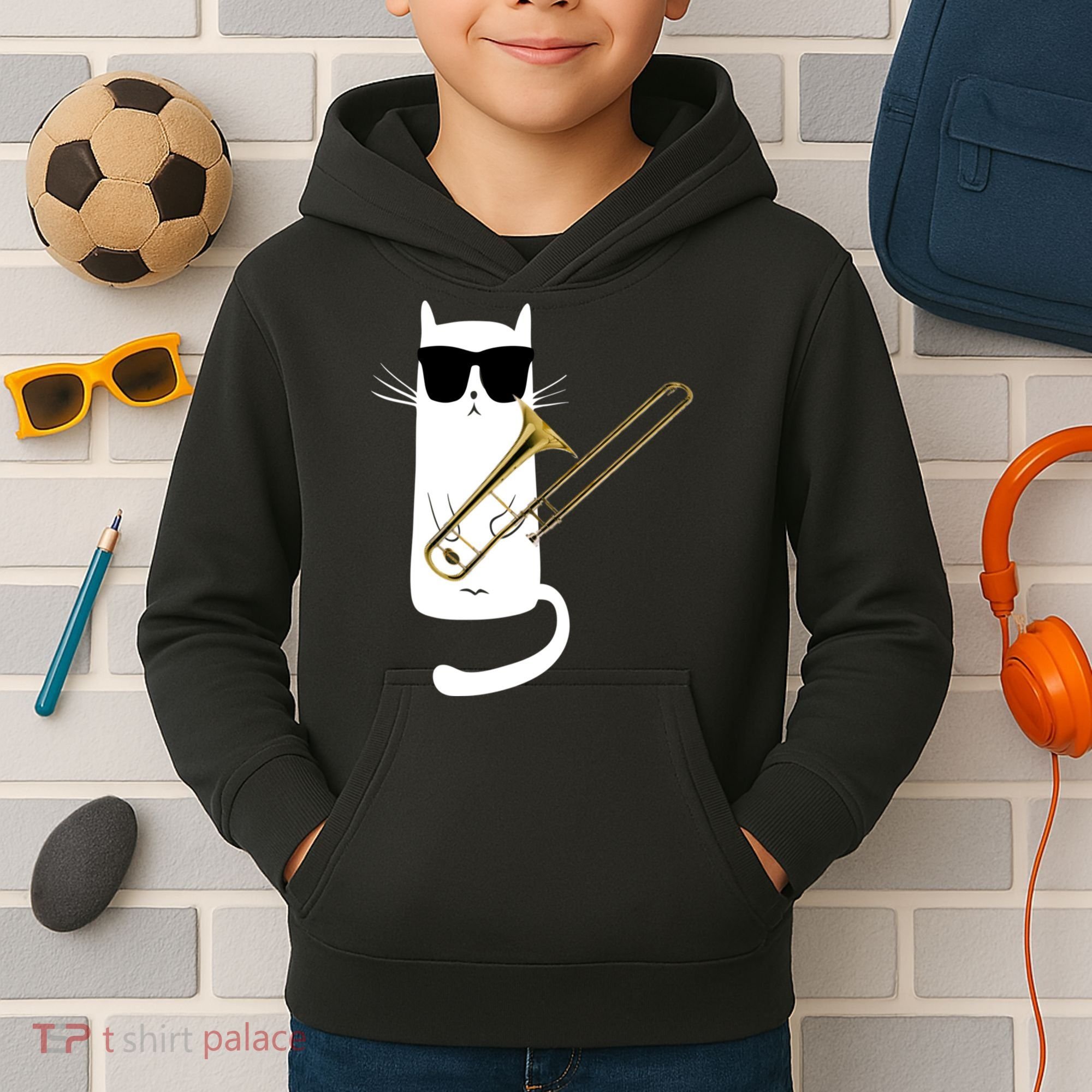 Funny Cat Wearing Sunglasses Playing Trombone Kids Hoodie