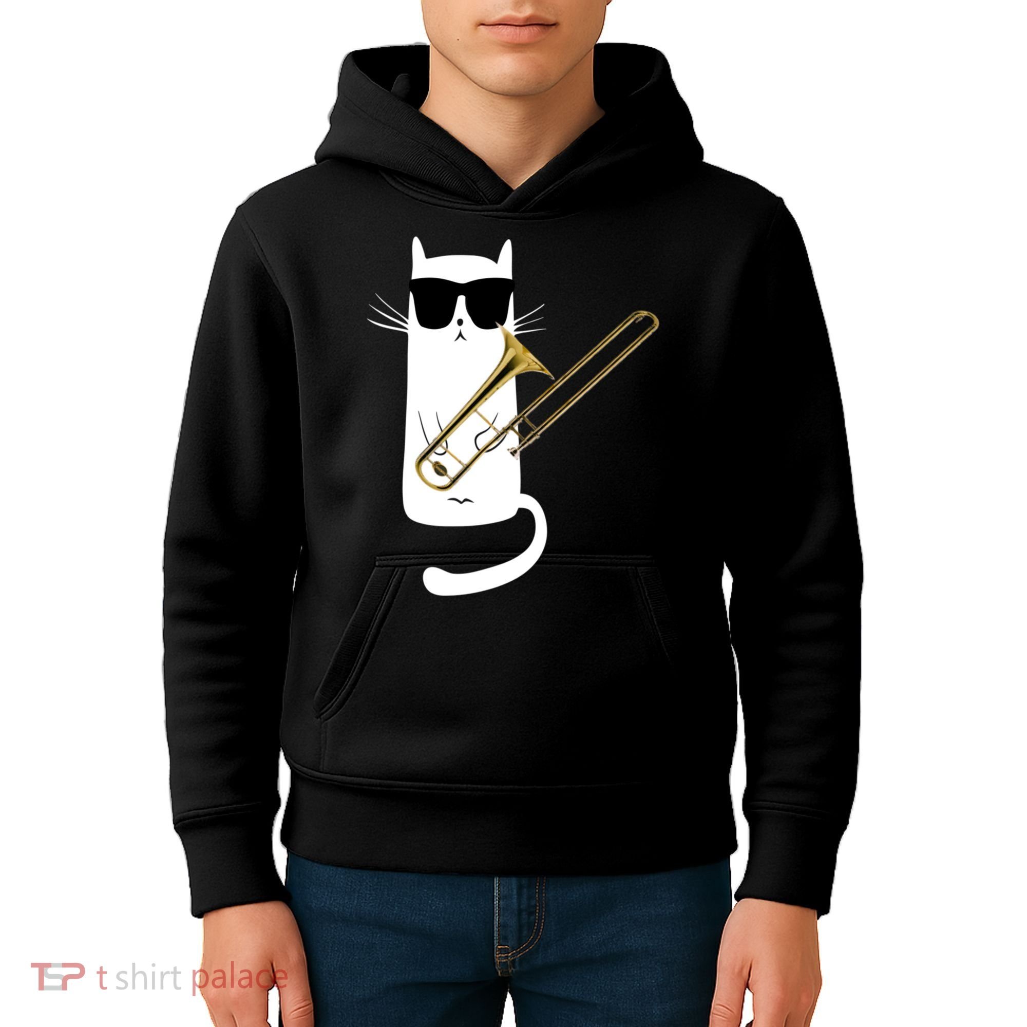Funny Cat Wearing Sunglasses Playing Trombone Kids Hoodie