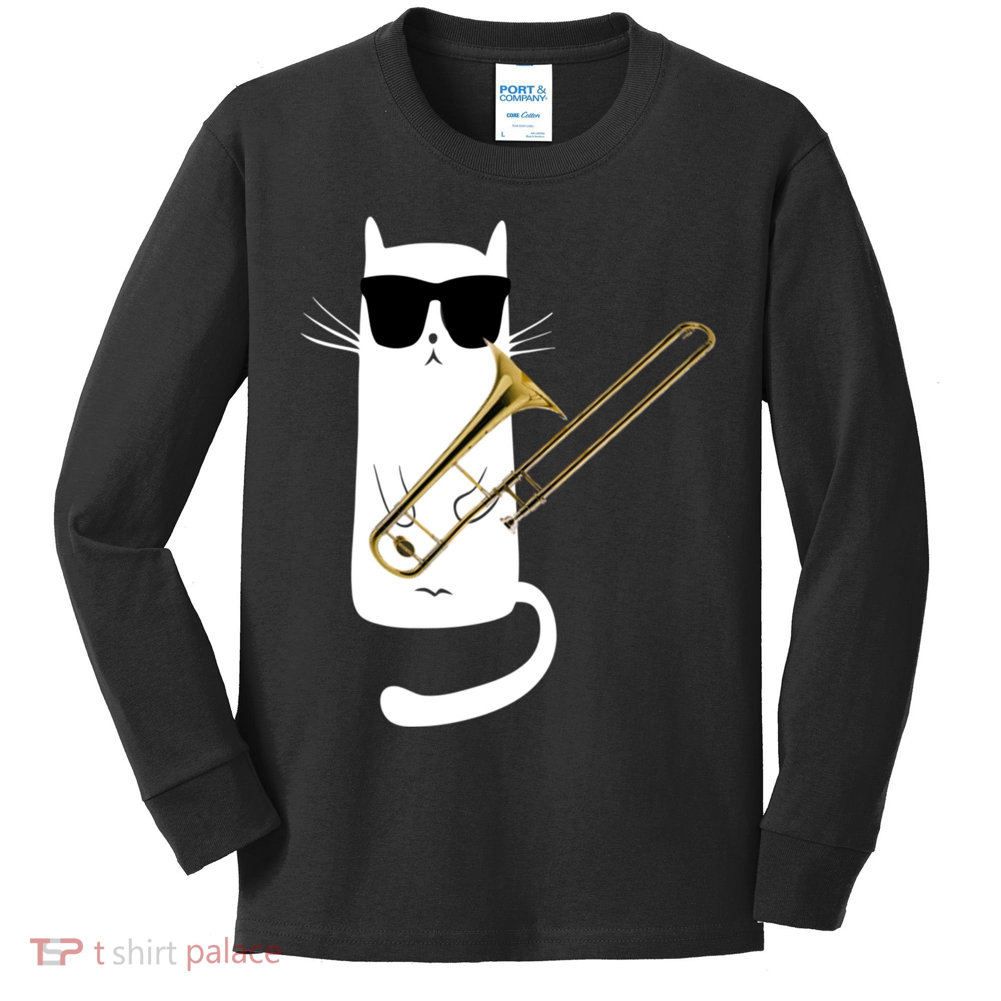Funny Cat Wearing Sunglasses Playing Trombone Kids Long Sleeve Shirt