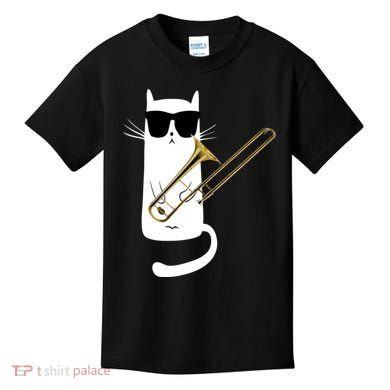 Funny Cat Wearing Sunglasses Playing Trombone Kids T-Shirt