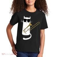 Funny Cat Wearing Sunglasses Playing Trombone Kids T-Shirt thumb 2