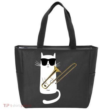 Funny Cat Wearing Sunglasses Playing Trombone Tote Bag