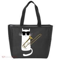 Funny Cat Wearing Sunglasses Playing Trombone Tote Bag thumb 0