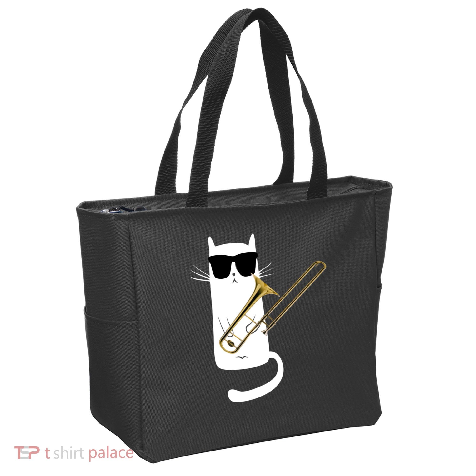 Funny Cat Wearing Sunglasses Playing Trombone Tote Bag