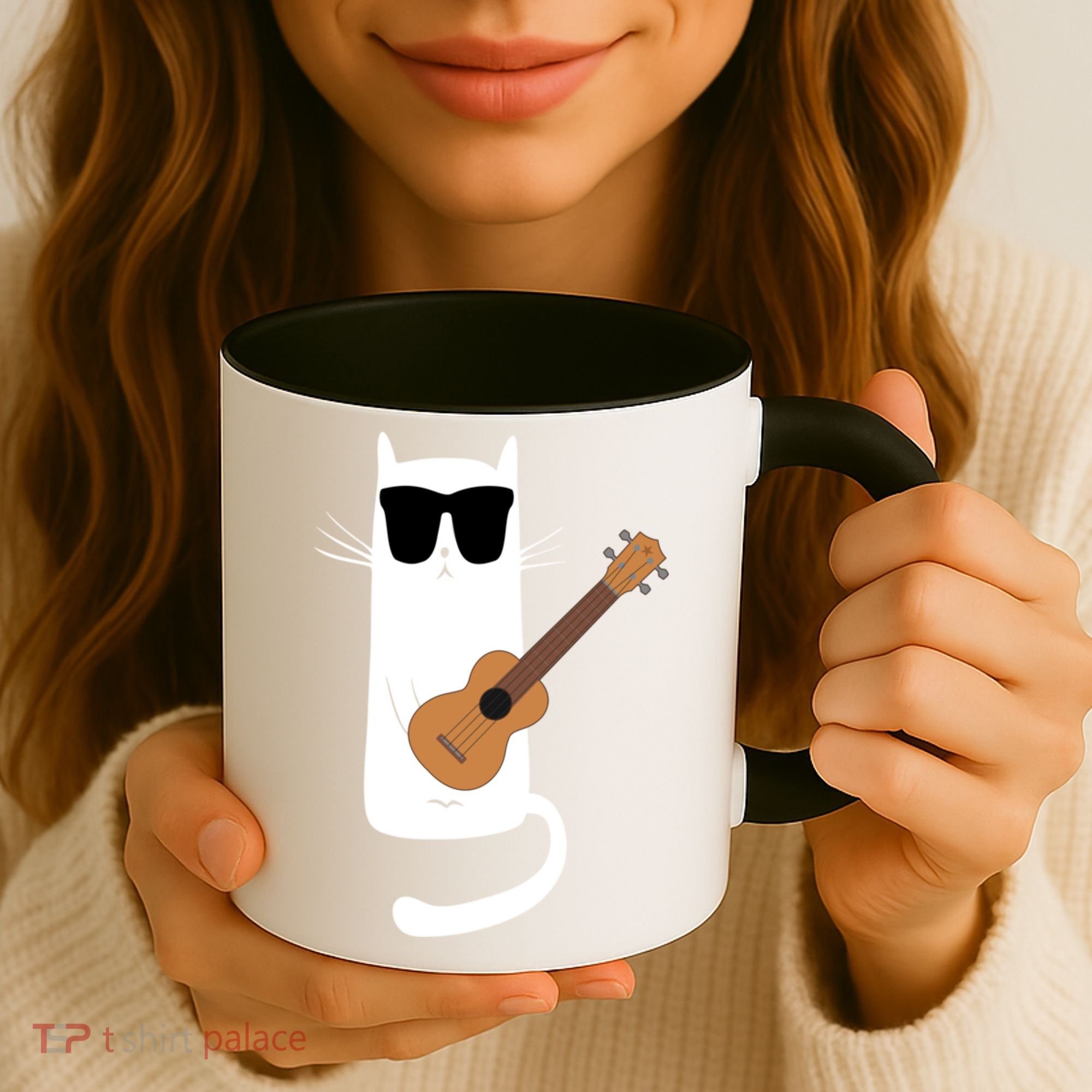 Funny Cat Wearing Sunglasses Playing Ukulele Coffee Mug