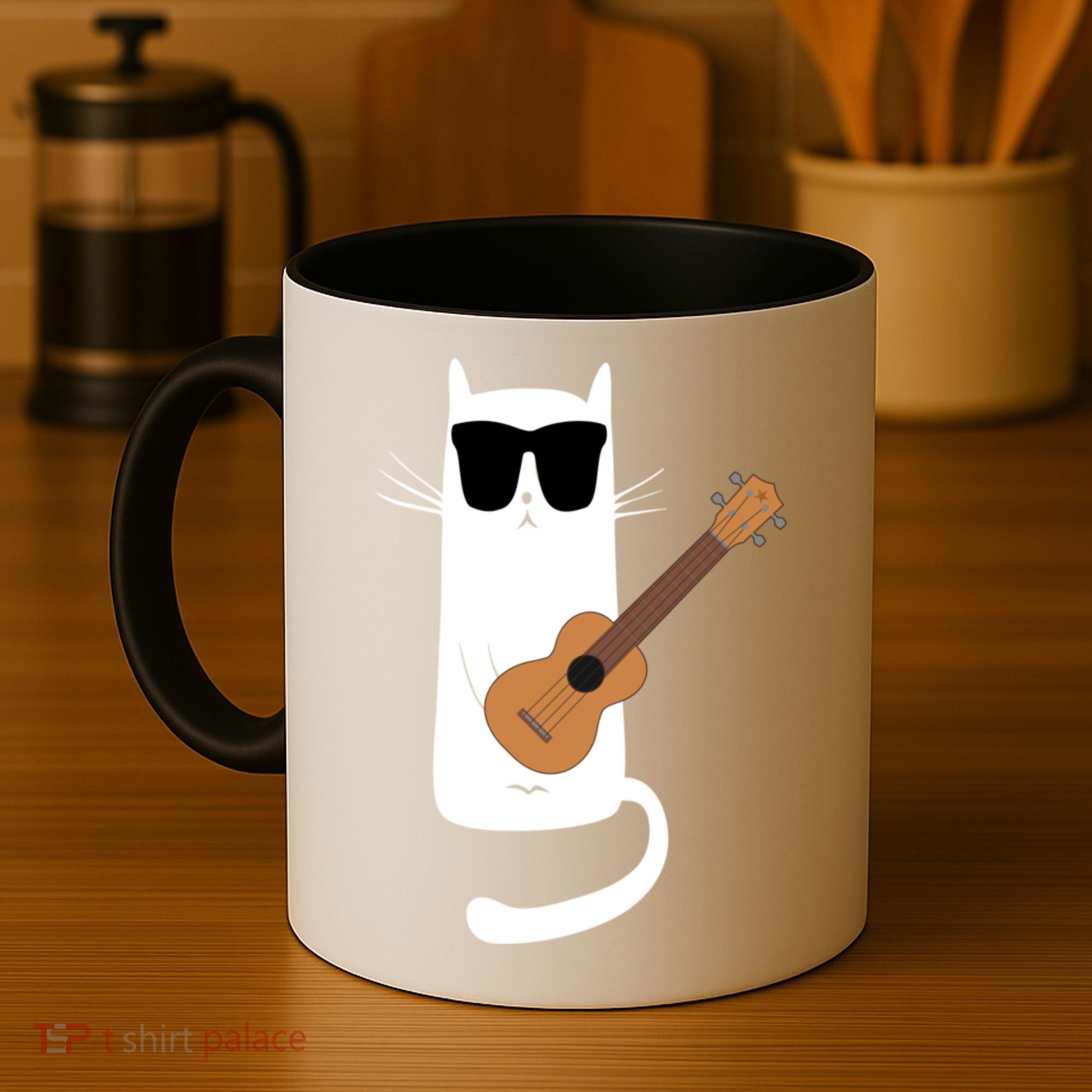 Funny Cat Wearing Sunglasses Playing Ukulele Coffee Mug