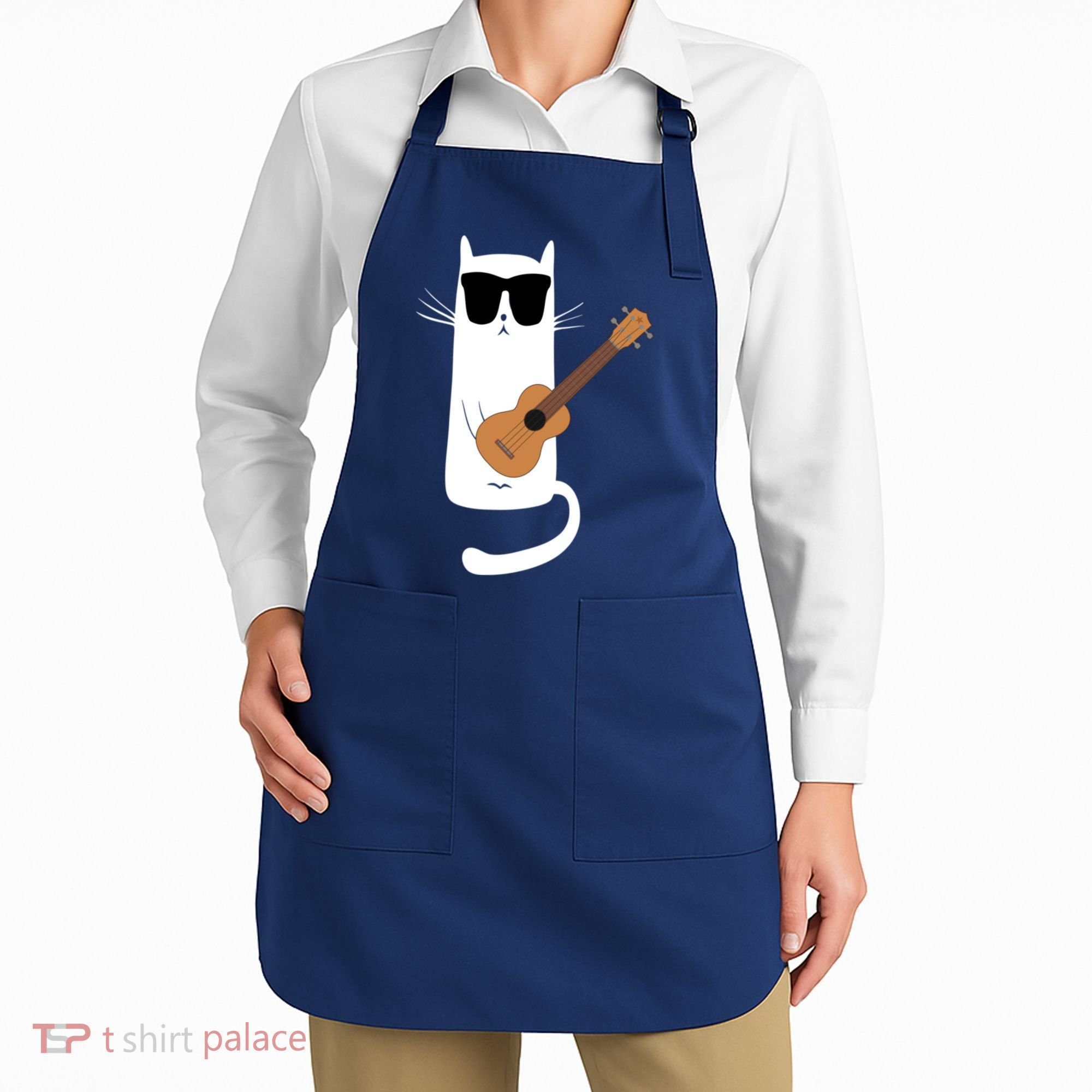 Funny Cat Wearing Sunglasses Playing Ukulele Apron