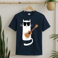 Funny Cat Wearing Sunglasses Playing Ukulele T-Shirt thumb 2
