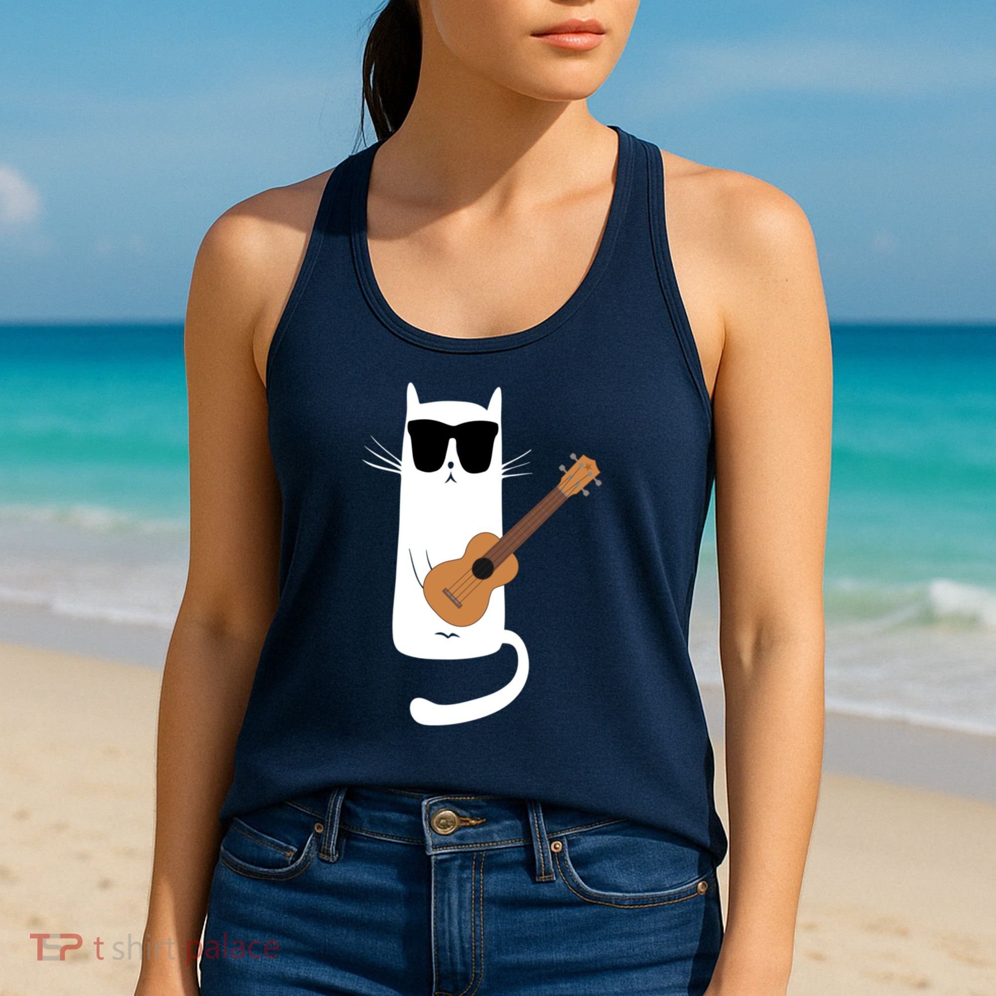 Funny Cat Wearing Sunglasses Playing Ukulele Women's Tank Top