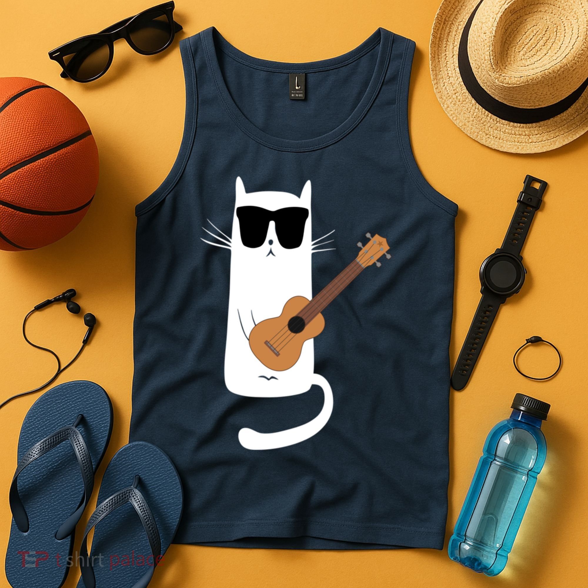 Funny Cat Wearing Sunglasses Playing Ukulele Tank Top